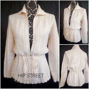 VINTAGE 60's Drawstring Waist LS Cream Color Cable Cardigan Sweater S/M